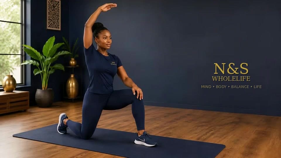 A woman in a half-kneeling mobility stretch at home