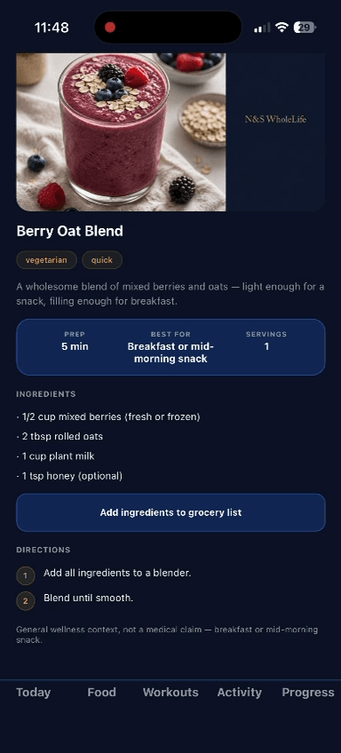 The Meals screen of the N&S WholeLife app